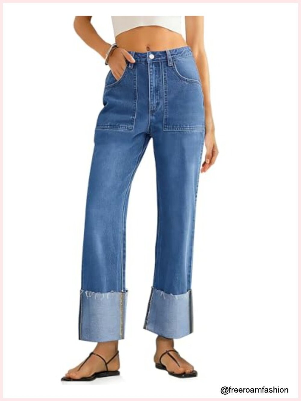 High Waisted Baggy Cuffed Jeans Wide Leg Boyfriend Denim Pants Deep Pockets